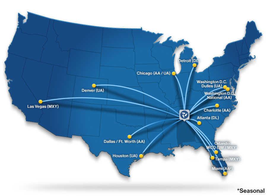 HSV Nonstop Destinations Map